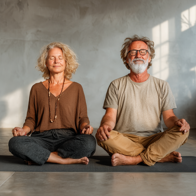 Група людей поважного віку на заняттях йоги